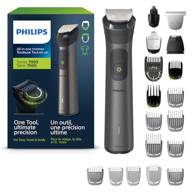 Philips Multigroom 7000 Series, All-in-One Shaver, Beard Trimmer and Hair Clipper, 21-Piece Men's Grooming Kit for Face, Hair, Body, Nose and Ear, No Blade Oil Needed, Soft Pouch, Model MG7960/28