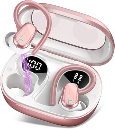 Wireless Earbuds, 50H Bluetooth 5.4 Headphones Sport, Bluetooth Earbuds with ENC Noise Canceling, HiFi Stereo Sound Wireless Earphones with Earhooks, IP7 Waterproof Ear Buds, Rose