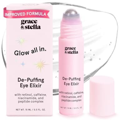 grace & stella Under Eye Brightener Roller - Airplane Travel Essentials - Travel Size Toiletries - Retinol & Caffeine Eye Serum for Puffiness, Dark Circles, Wrinkles - Vegan Skincare (15ml / 0.51floz)