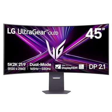 LG Ultragear™ 45GX950A 45-inch OLED Dual-Mode 5K2K (5120x2160) Gaming Monitor 800R Curved (WUHD 165Hz WFHD 330Hz) 0.03ms DisplayPort USB-C 90W NVIDIA® G-SYNC® Compatible AMD FreeSync™ Premium Pro