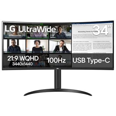 LG 34" UltraWide™ 1800R Curved Monitor WQHD (3440 x 1440) HDR10, 100Hz, USB-C 65W PD, Eyecare Mode, Height Adjustable Stand, 34WR55QK-B, Black