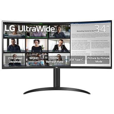 LG 34" UltraWide™ 1800R Curved Monitor WQHD (3440 x 1440) HDR10, 100Hz, USB-C 65W PD, Eyecare Mode, Height Adjustable Stand, 34WR55QK-B, Black